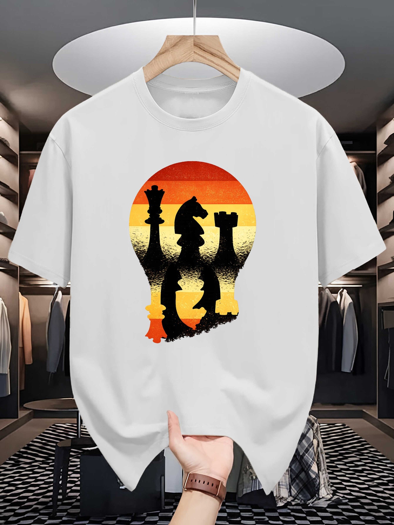 Board Game Vintage - Schaken Silhouet Zonsondergang Gloeilamp Print Heren
