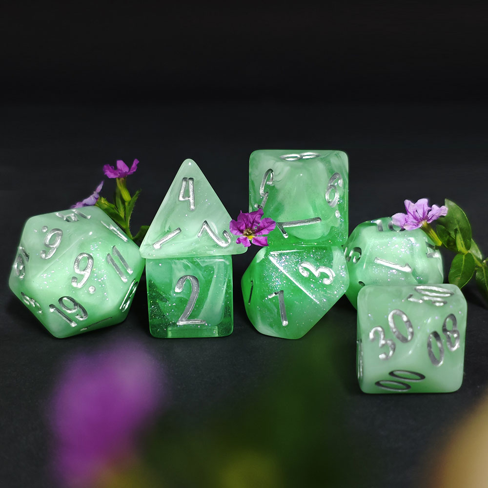 7-delige mintgroene swirl glit - Dice Set Polyhedral recensie en prijs